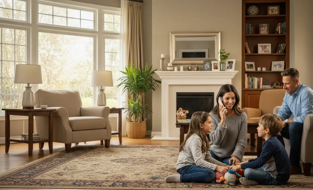 Happy family using US Landline phone service in their comfortable living room